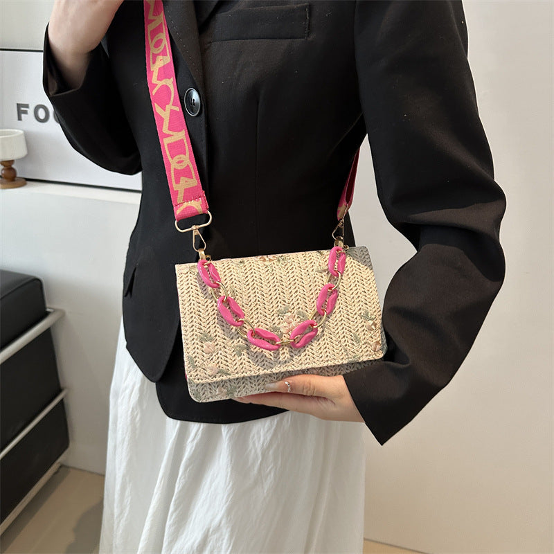 Mini Sac Carré en Paille — Chaîne Dorée
